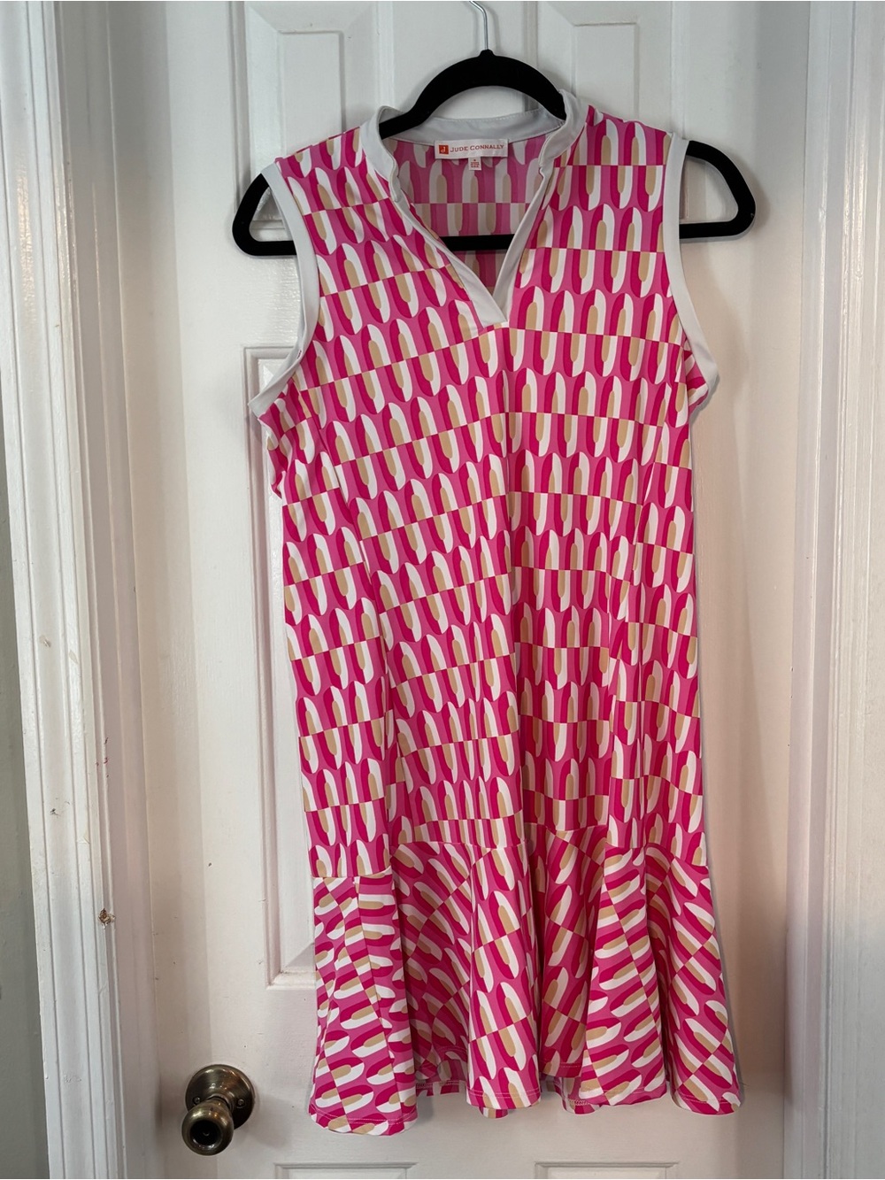 Jude Connally Pink and White Patterned V-Neck Dress